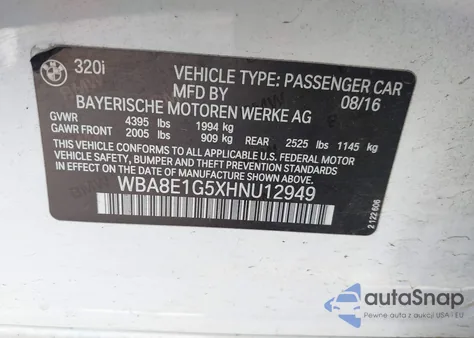 2017 BMW 320I from USA, damaged, VIN WBA8E1G5XHNU12949